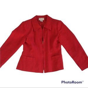 Vintage 90s Red Linen Blazer Jacket Zipper Lined Pockets 6P